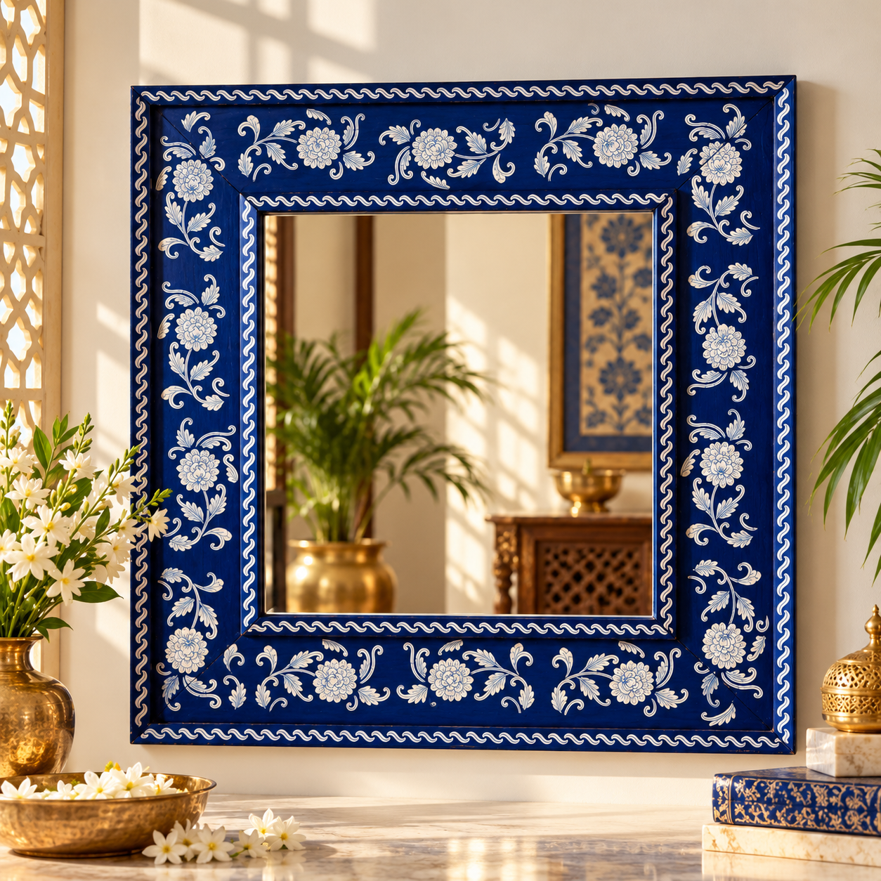 Ambar Adarsh — Sky-toned Reflection (Antique ivory with carved borders) - Image 1