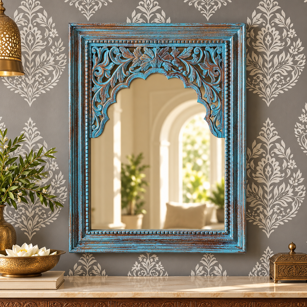 Haldi Varna Darpan — Turmeric-Gold Mirror (Warm teak with carved relief) - Image 1