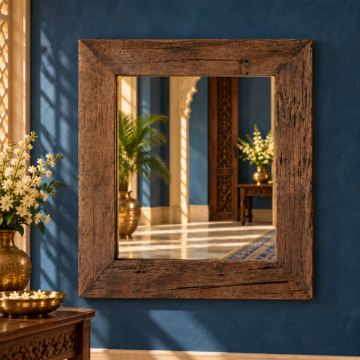 Haldi Varna Darpan — Turmeric-Gold Mirror (Warm teak with carved relief) - Image 1