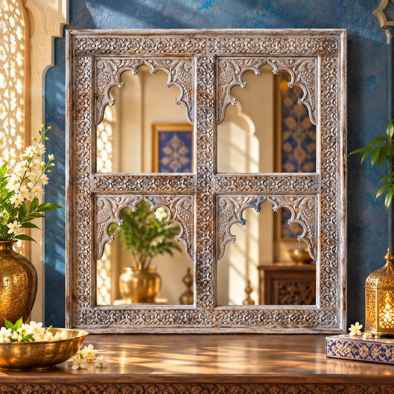 Banshi Darpan — Flute-motif Mirror Frame (Rich chestnut with painted accents) - Image 1