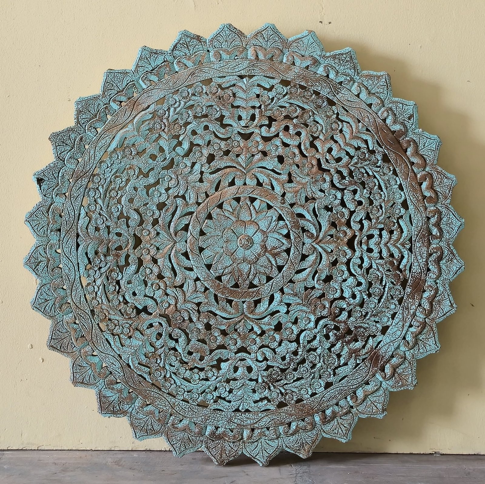 Rang Bhitti — The Coloured Wall (Natural teak with carved relief) - Image 1