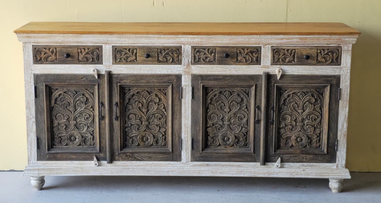 Kesari Almari — Saffron-finished Low Cabinet (Deep indigo with carved border work) - Image 1