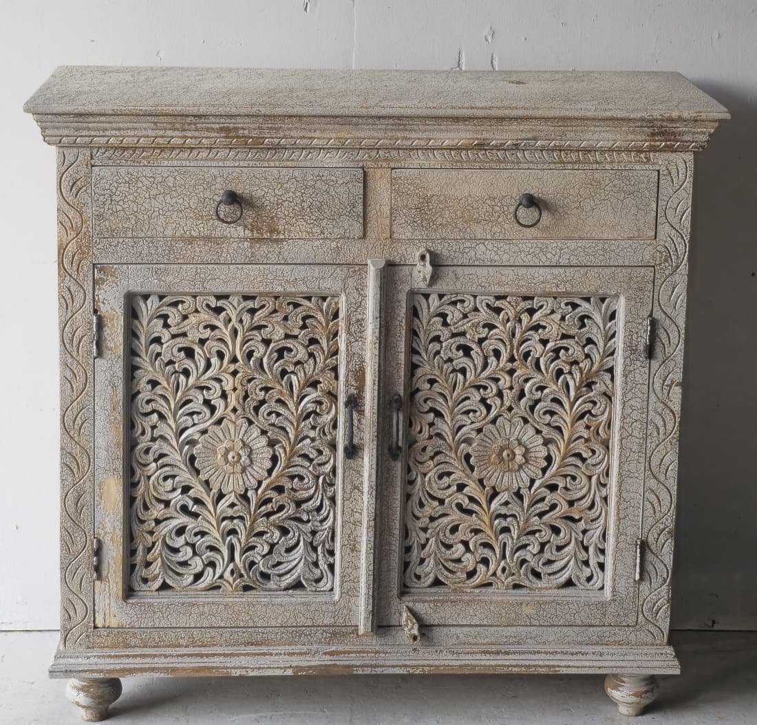 Dvar Peti Saheli — Sideboard of the Companion Door (Warm ochre-teak with painted folk panels) - Image 1
