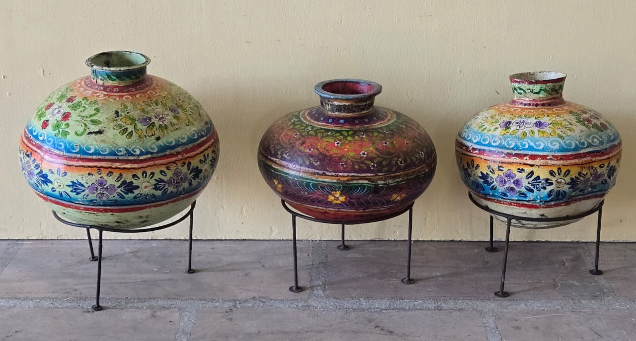 Loha Kumbha — Iron Vessel of Abundance (Terracotta with indigo and gold folk painting) - Image 1