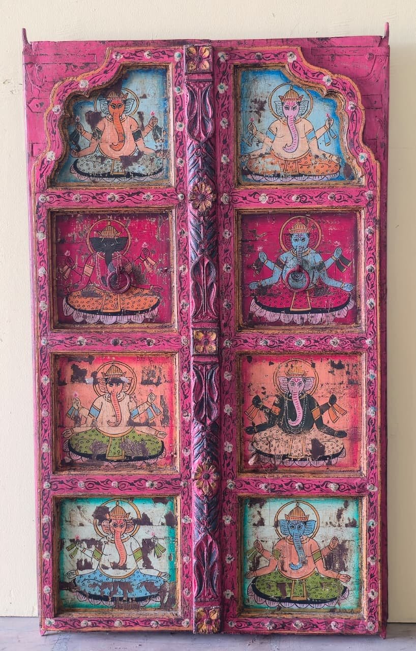 Gulabi Dwaar — The Rose-washed Door (Crimson with emerald and gold folk painting) - Image 1